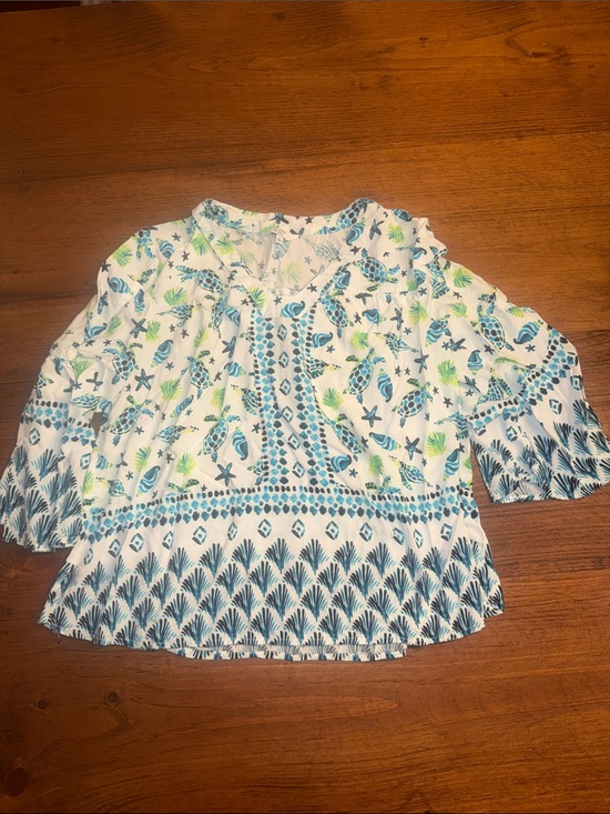 crown & ivy Tops - crown & ivy White Blouse with Blue and Green Nautical Print